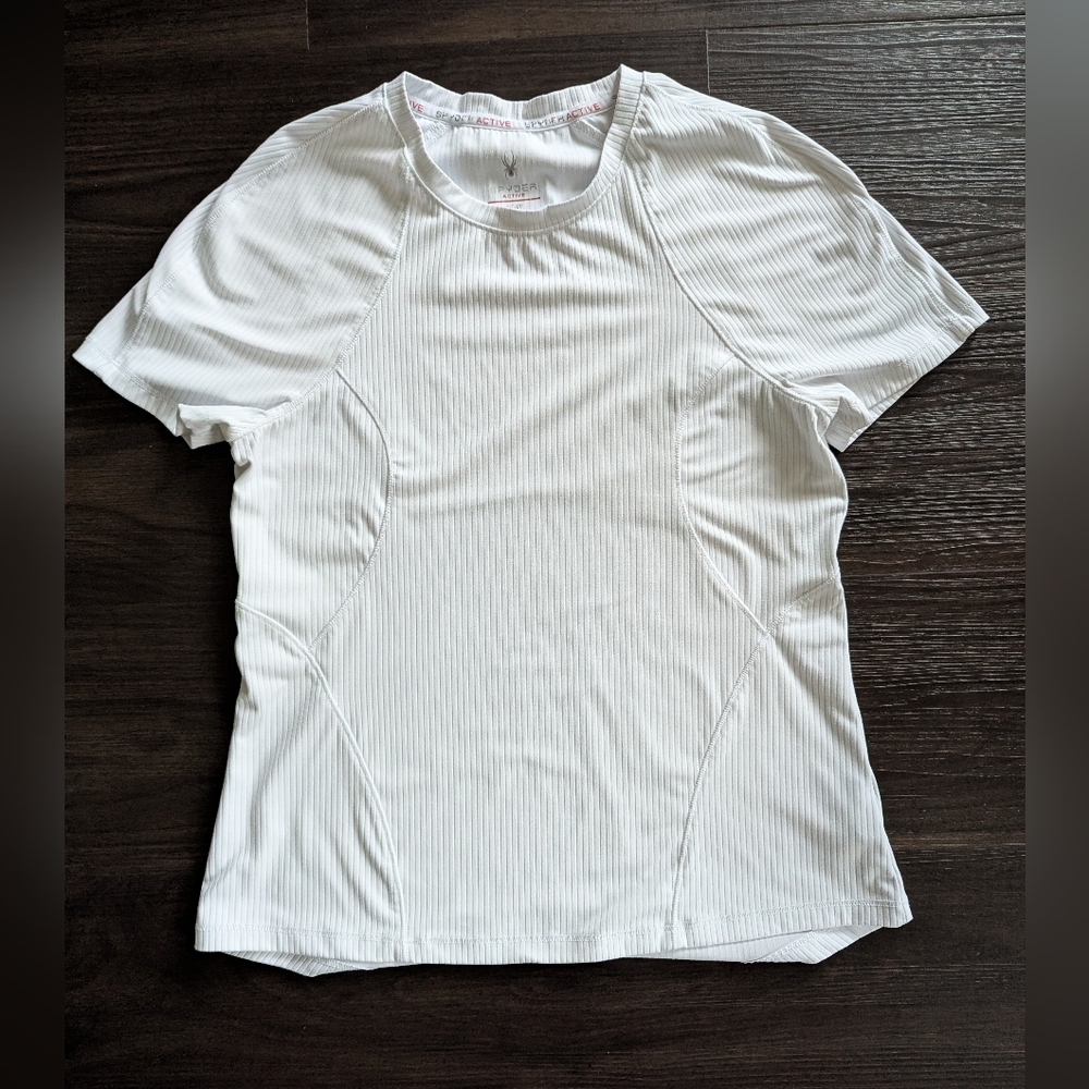 Spyder Athletic White Ribbed Short Sleeve Activewear Tennis Prep Yoga Top Small